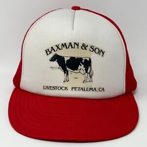 Vintage 80s Baxman & Son Livestock Hat Baseball Cap Petaluma Farmer Snapback Red